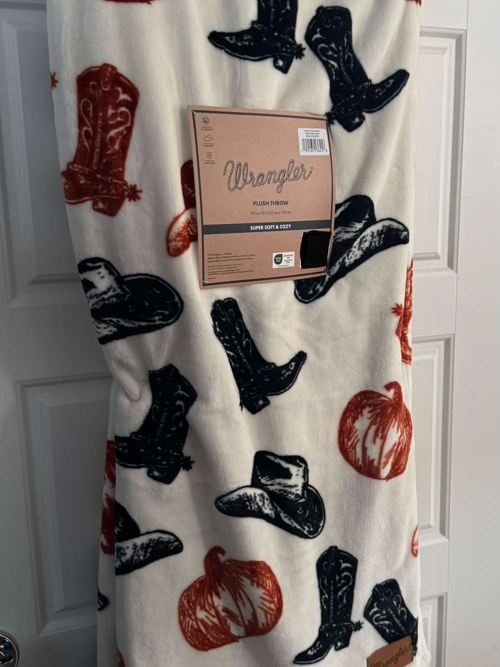 Wrangler Cream Throw with Black Cowboy Boots and Orange Pumpkins